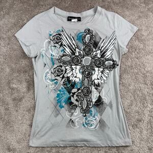 Appropriate Behavior Winged Cross Rhinestone Graphic T-shirt Size L Gray Y2K